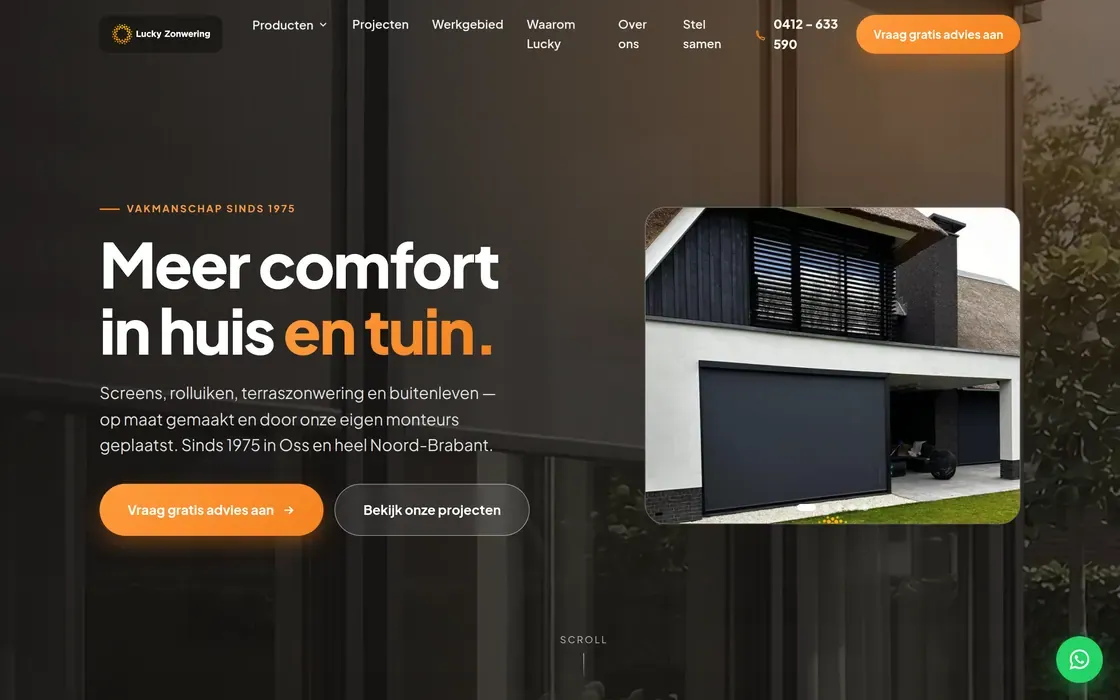 De website van Lucky Zonwering op een laptop