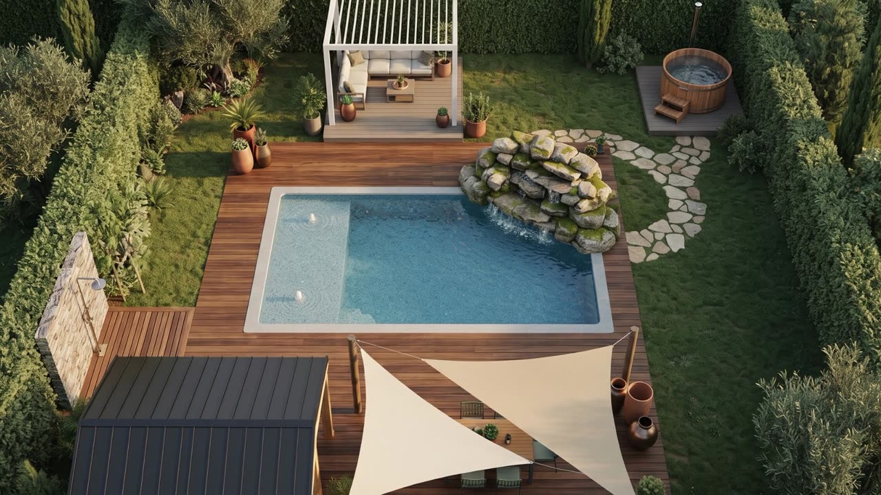 Fotorealistisch AI-beeld van een tuin met zwembad uit ZwembadStudio